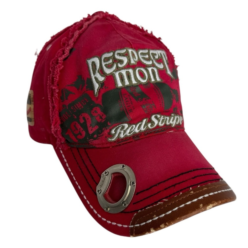 Red Stripe Beer Baseball Hat + Bottle Opener Red Distressed Ball Cap Adjustable